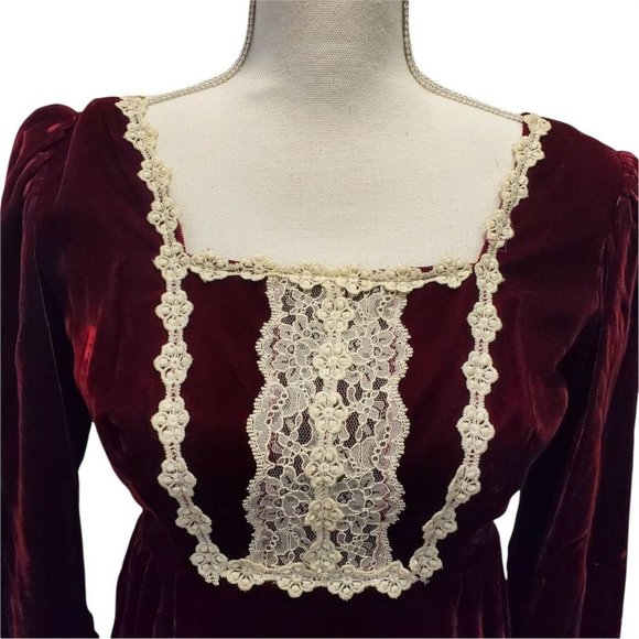 Vintage 60s 70s Wine Red Velvet Prairie Dress Crochet Trim Floor Length Small - Picture 2 of 12
